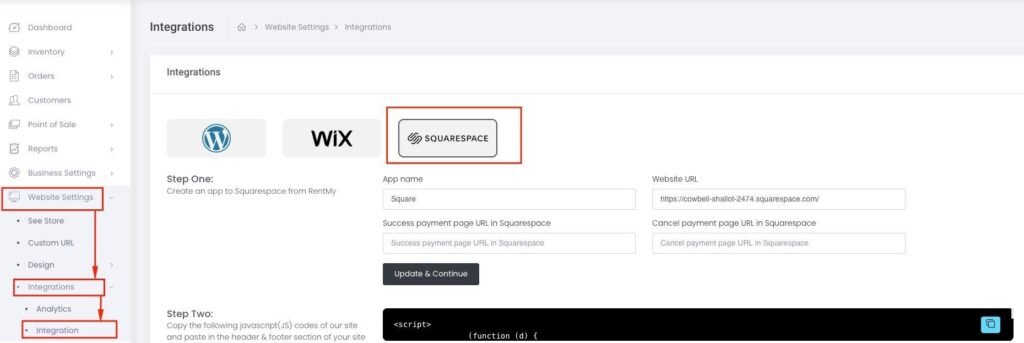 Screenshot: RentMy admin — Step One form with Squarespace tab selected