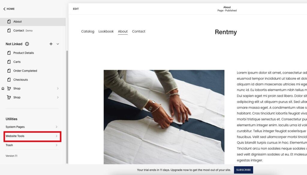 Screenshot: Pages panel — scroll to Utilities and click Website Tools