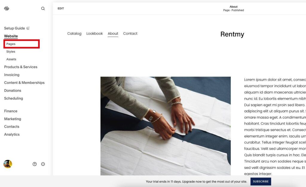Screenshot: Squarespace dashboard — click Website > Pages in the left sidebar