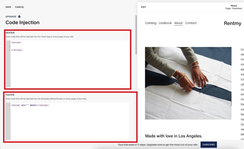Screenshot: Code Injection page — Header and Footer code boxes