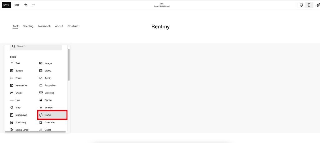 Screenshot: Squarespace block menu — select Code (highlighted in red)