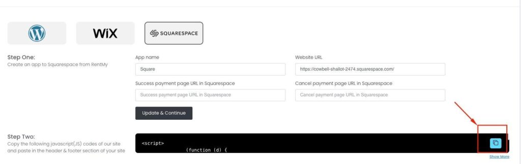 Screenshot: Code block editor with Mode set to HTML — clear this area and paste RentMy HTML